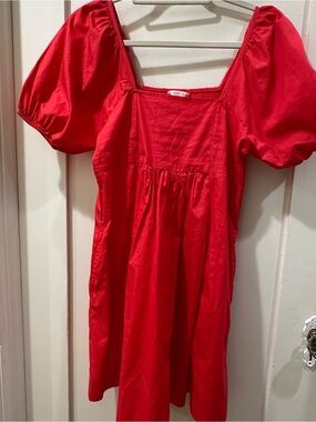 Draper James Red Square-Neck Puff-Sleeve Mini Dress
